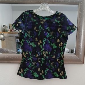 Purple and Green Fitted Blouse with Floral Design NWOT